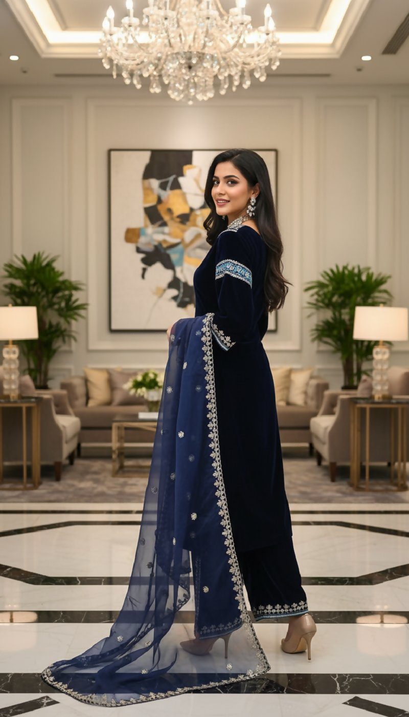 Joban Fashion Blue Velvet Embroidery Sequence Work Readymade Kurta Set