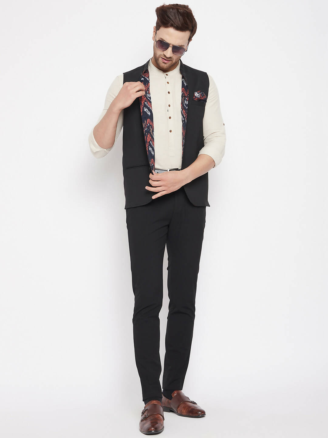Even Apparels Black Merino Men's Nehru Jacket-Contrast Lining-Inbuilt Pocket Square 