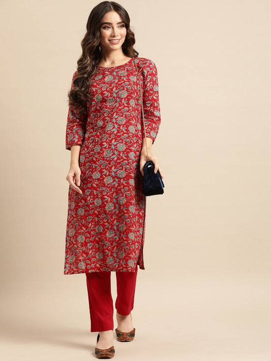 All About You Women Red Floral Printed Pure Cotton Kurta with Trousers