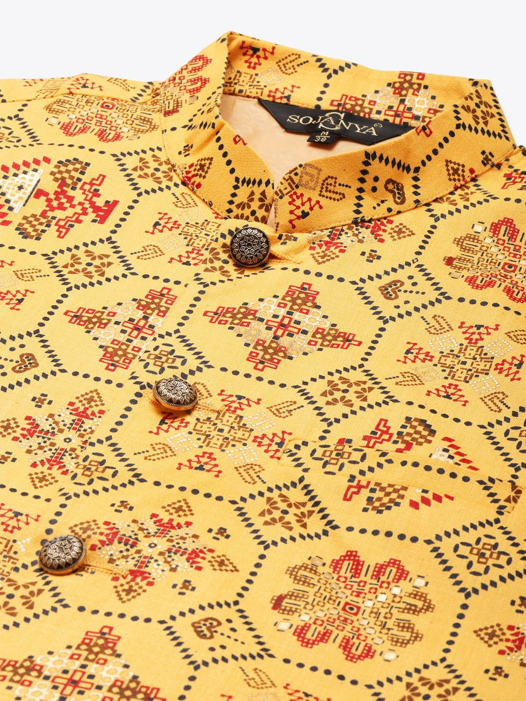 Sojanya Men Mustard Yellow Pure Cotton Kurta with Churidar & Nehru Jacket 