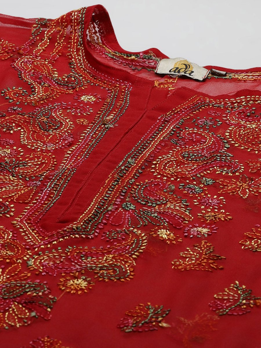 ADA Women Red Embroidered Regular Chikankari Kurta with Trousers 