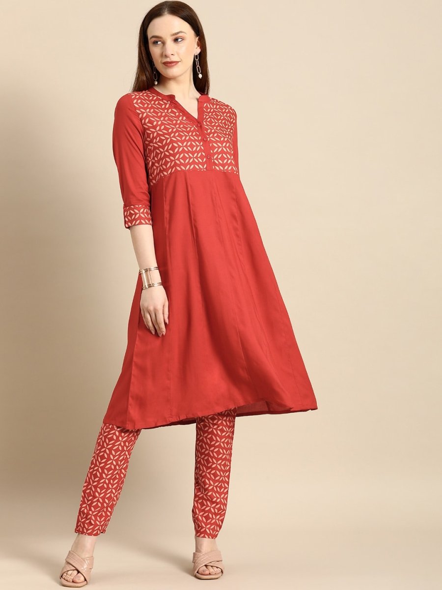 All About You Women Red & Cream Printed Kurta with Trousers