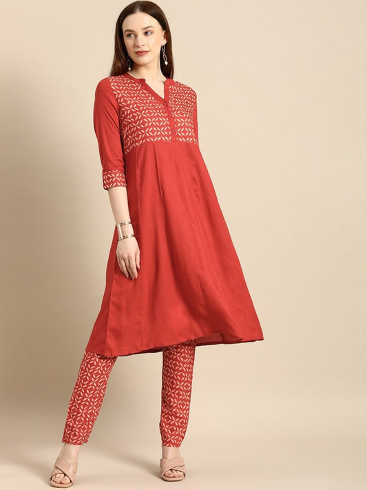 All About You Women Red & Cream Printed Kurta with Trousers
