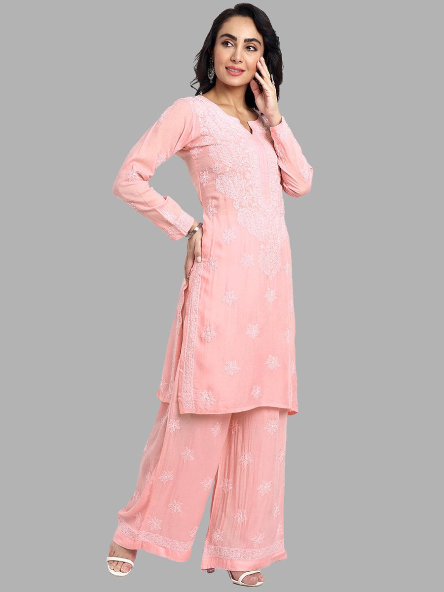 ADA Floral Embroidered Long Sleeves Regular Lucknowi Chikankari Kurta With Palazzos 