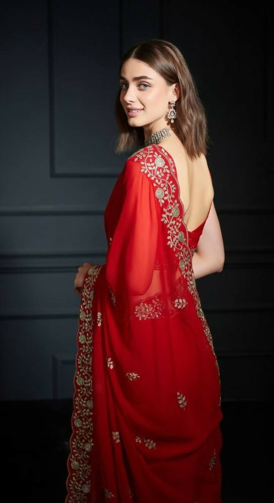 Joban Fashion Red Fandy Satin Silk Party Wear Sarees