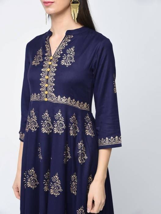Aniyah Rayon Block Printed Anarkali Blue Kurta (AN-116K)