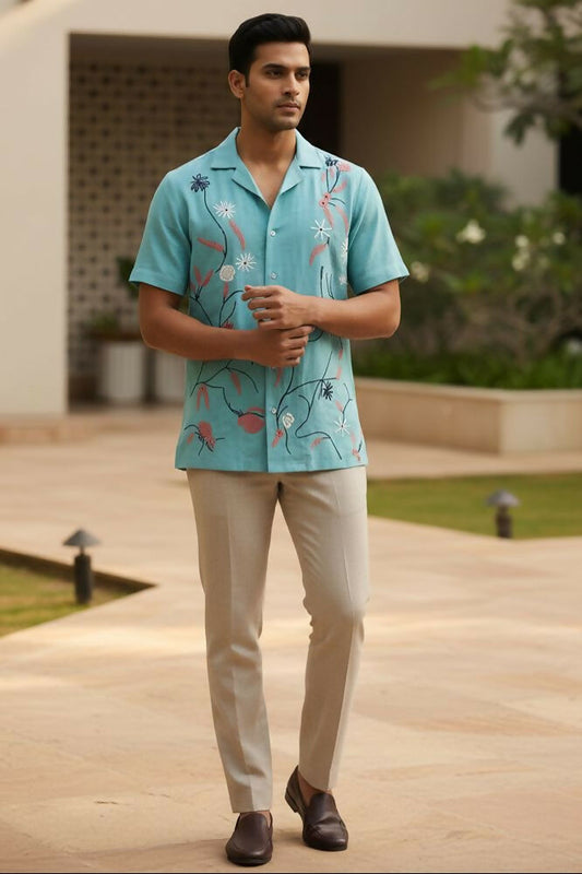 Serene — Aqua Embroidered Linen Shirt by Hilo Design