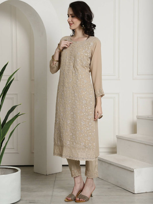 Aastha Fashion Women's Beige Georgette Floral Resham Thread with Cording & Crystal work Kurta with Trouser & Dupatta - Grab2buy