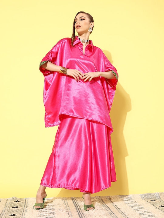 InWeave Women's Pink Green Brocade Satin Boho Kurta Palazzo Set 