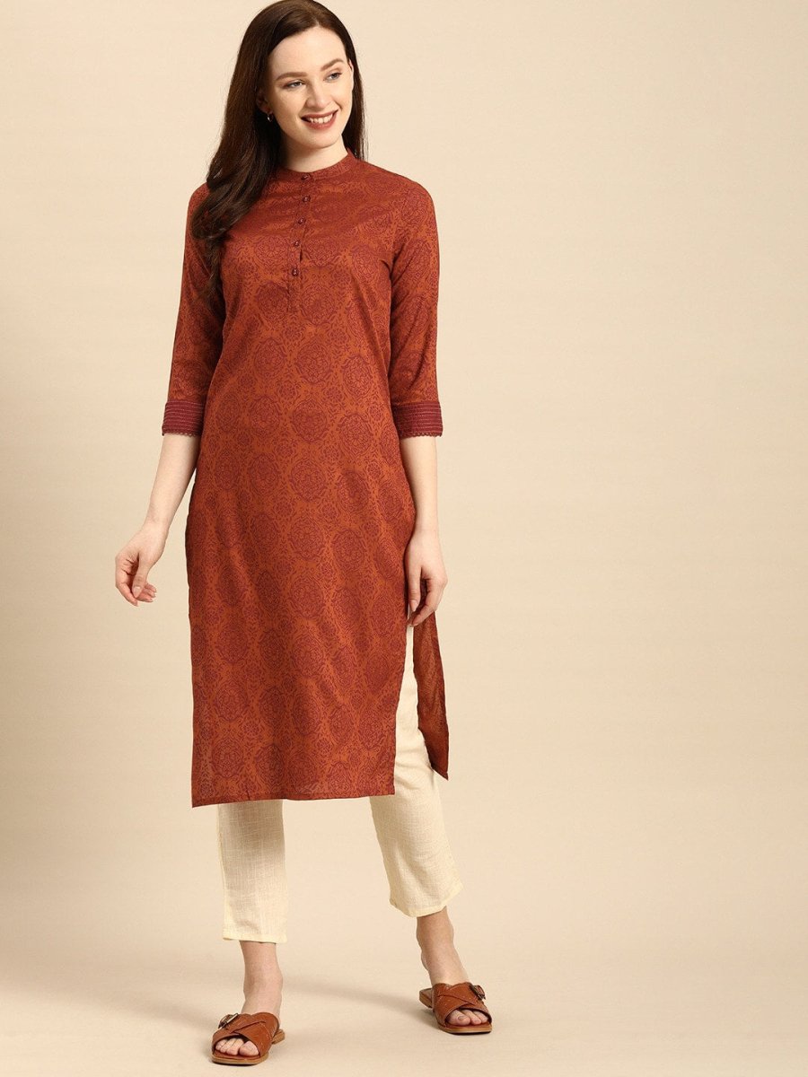 All About You Women Rust Brown Ethnic Motifs Printed Straight Kurta