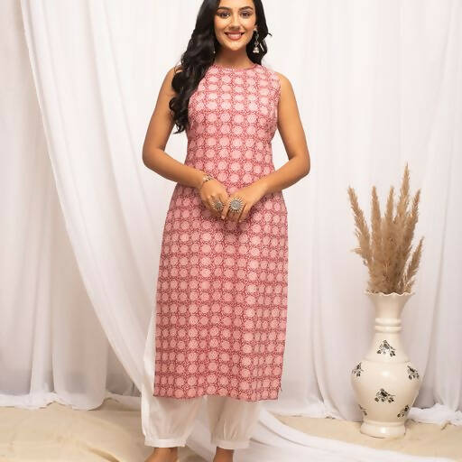 FIORRA Women's Floral Printed Pink Cotton Straight Kurta 