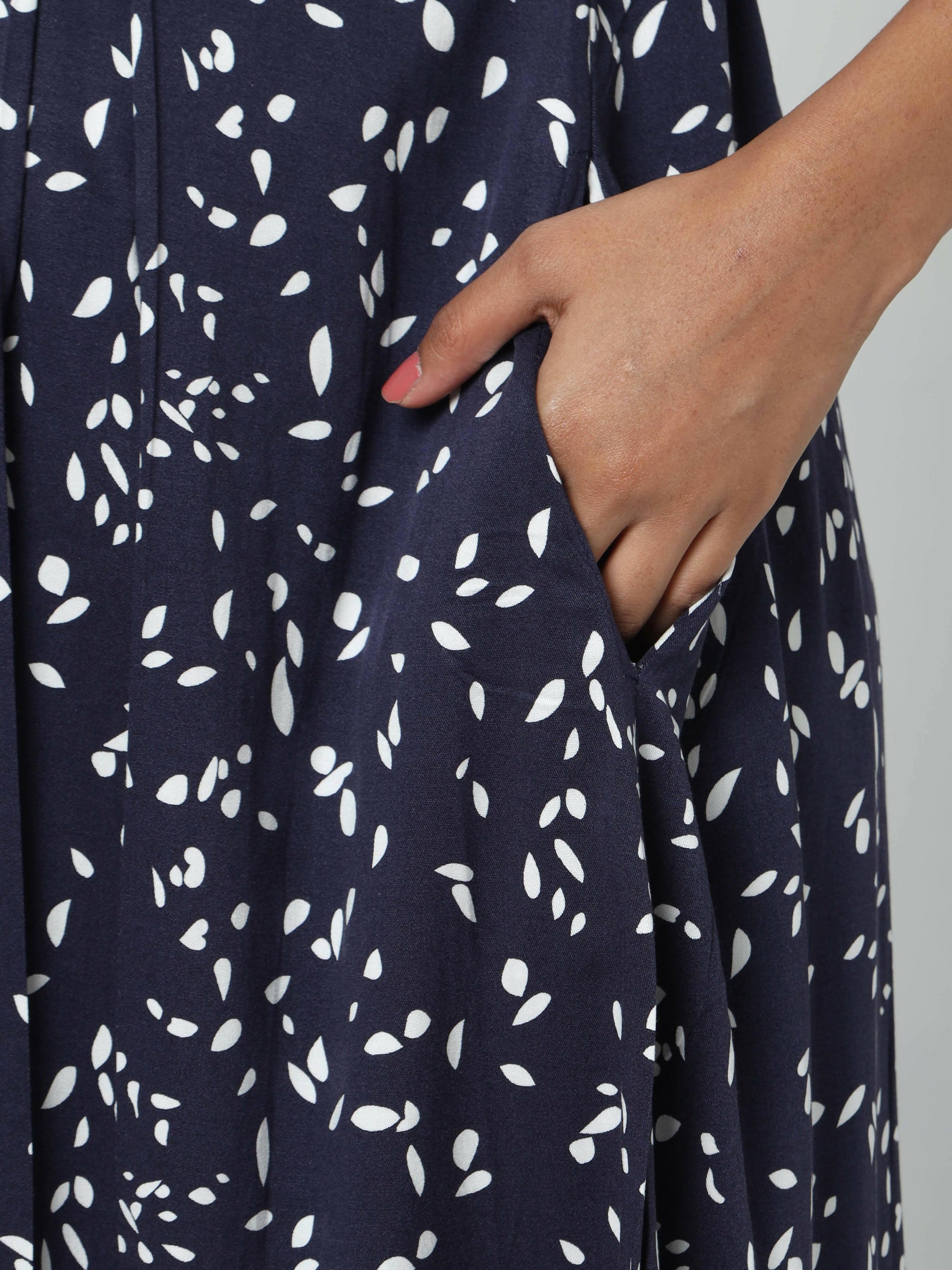 Manet Three Fourth Maternity Dress White Dot Print With Concealed Zipper Nursing Access - Navy Blue