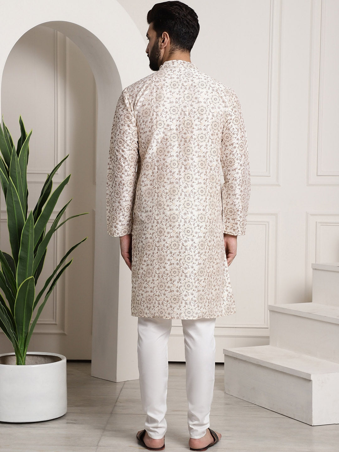 Sojanya Men Cream-Coloured & Brown Silk Cotton Printed Regular Kurta with Churidar 