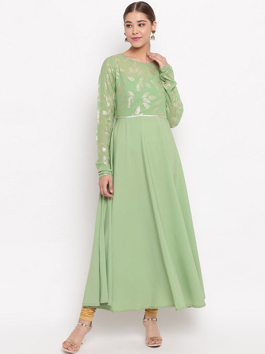 Janasya Women Green Printed Anarkali Kurta