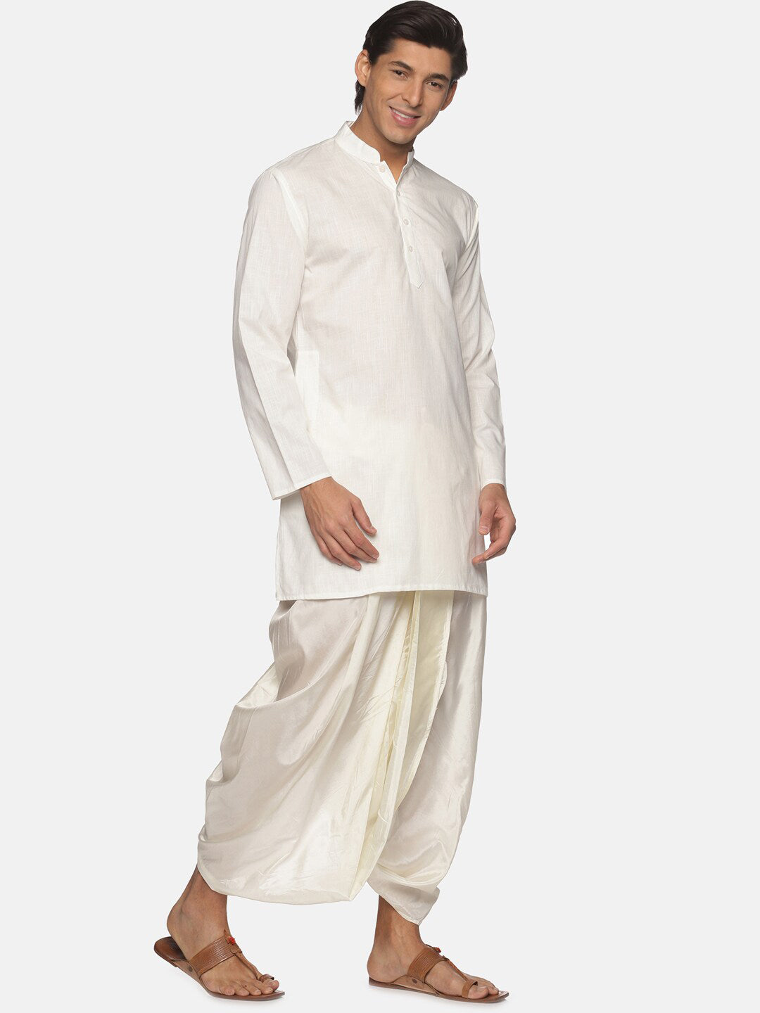 Sethukrishna Men Cream-Coloured Striped Pure Cotton Kurta with Dhoti Pants
