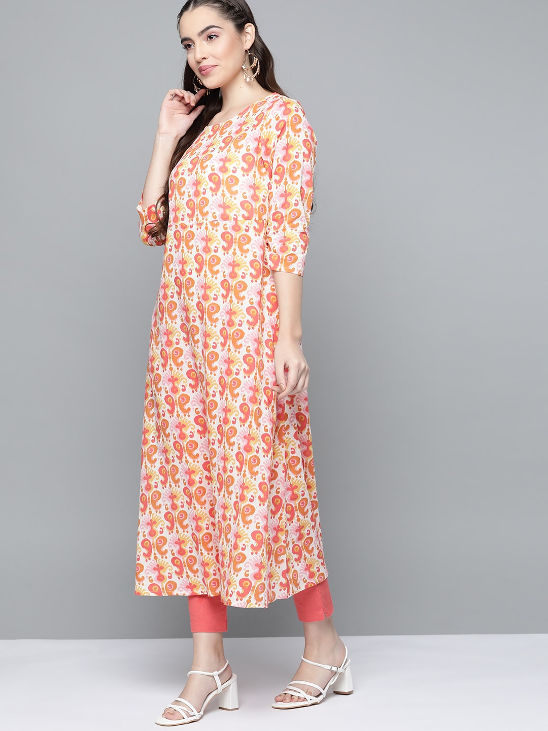 HERE&NOW Women Orange & White Ethnic Motifs Printed Kurta 