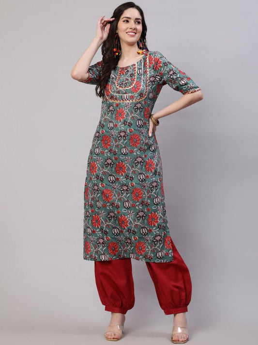 Aks Floral Printed Regular Gotta Patti Kurta with Harem Pants