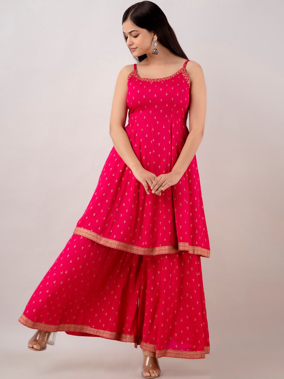 Kalini Women Floral Embroidered Spaghetti Kurta Sharara and Dupatta set 