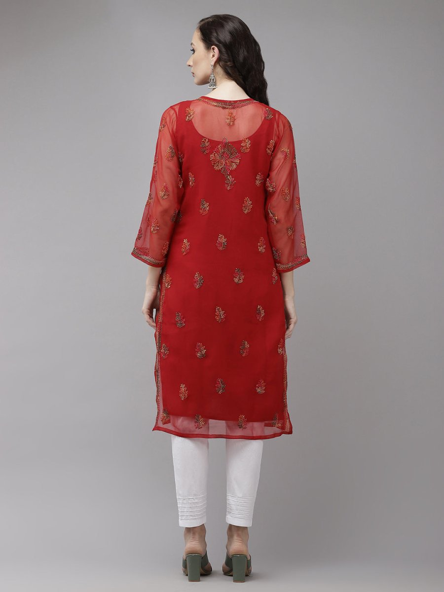 ADA Women Red Embroidered Regular Chikankari Kurta with Trousers 
