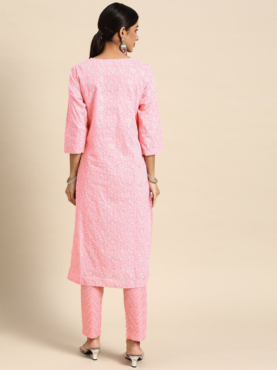 All About You Women Pink Ethnic Motifs Printed Pure Cotton Kurta with Trousers