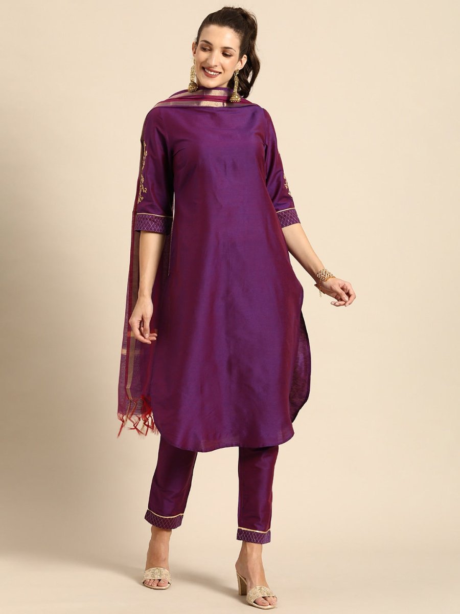 All About You Women Purple Zari Embroidered Regular Kurta with Trousers & Dupatta