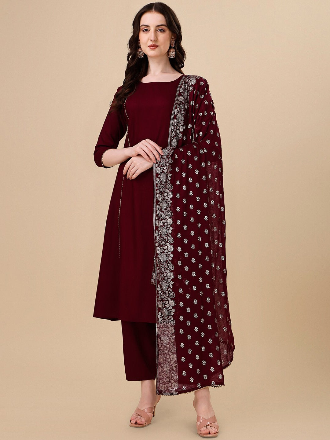 HERE&NOW Maroon & White Gotta Patti Kurta with Trousers & Dupatta