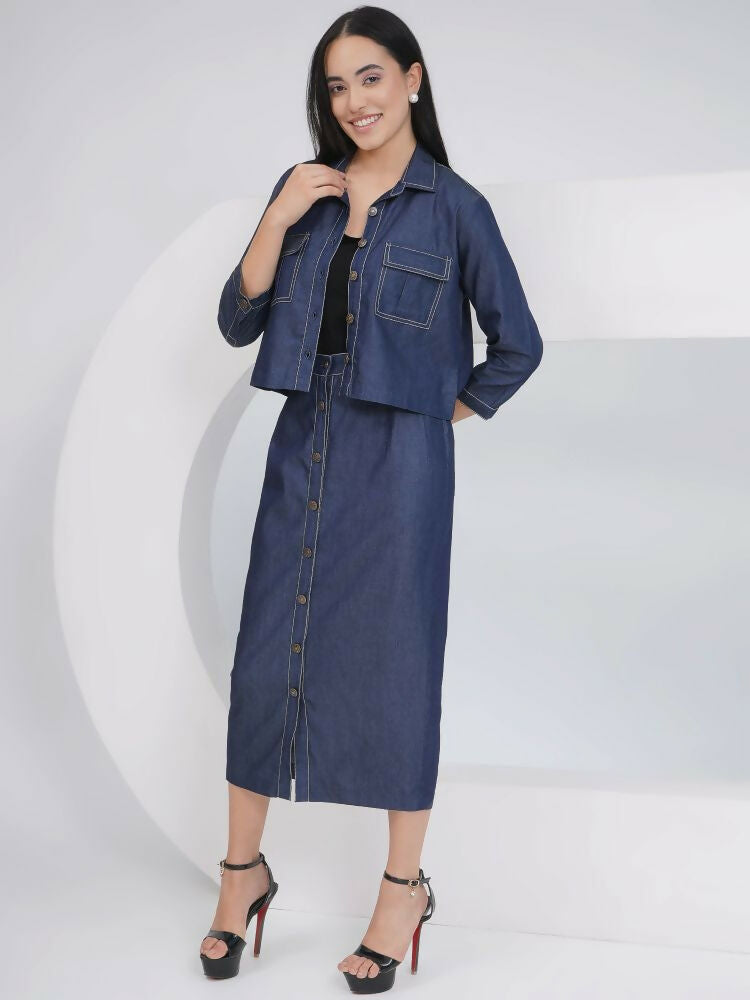 Joban Fashion Black Cotton Denim Pencil Skirt with Inner and Jacket