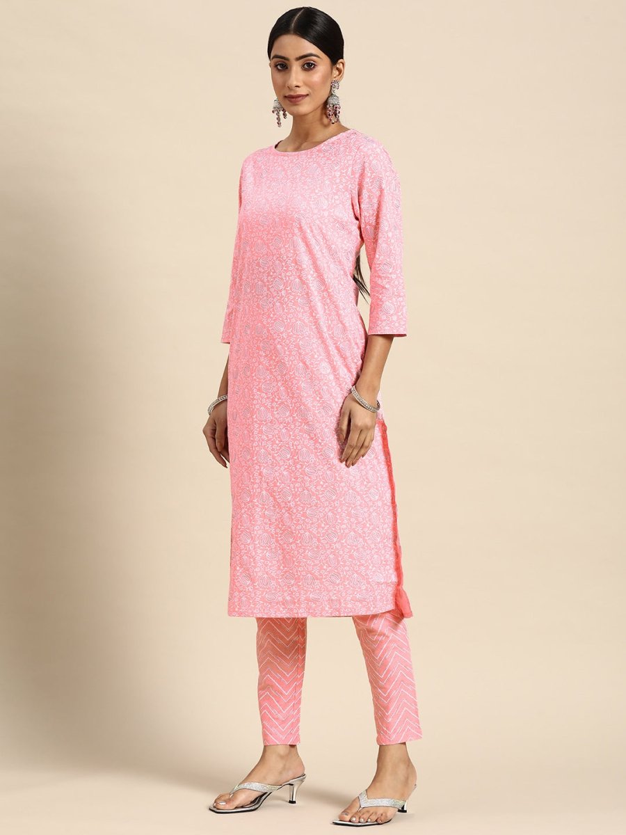 All About You Women Pink Ethnic Motifs Printed Pure Cotton Kurta with Trousers