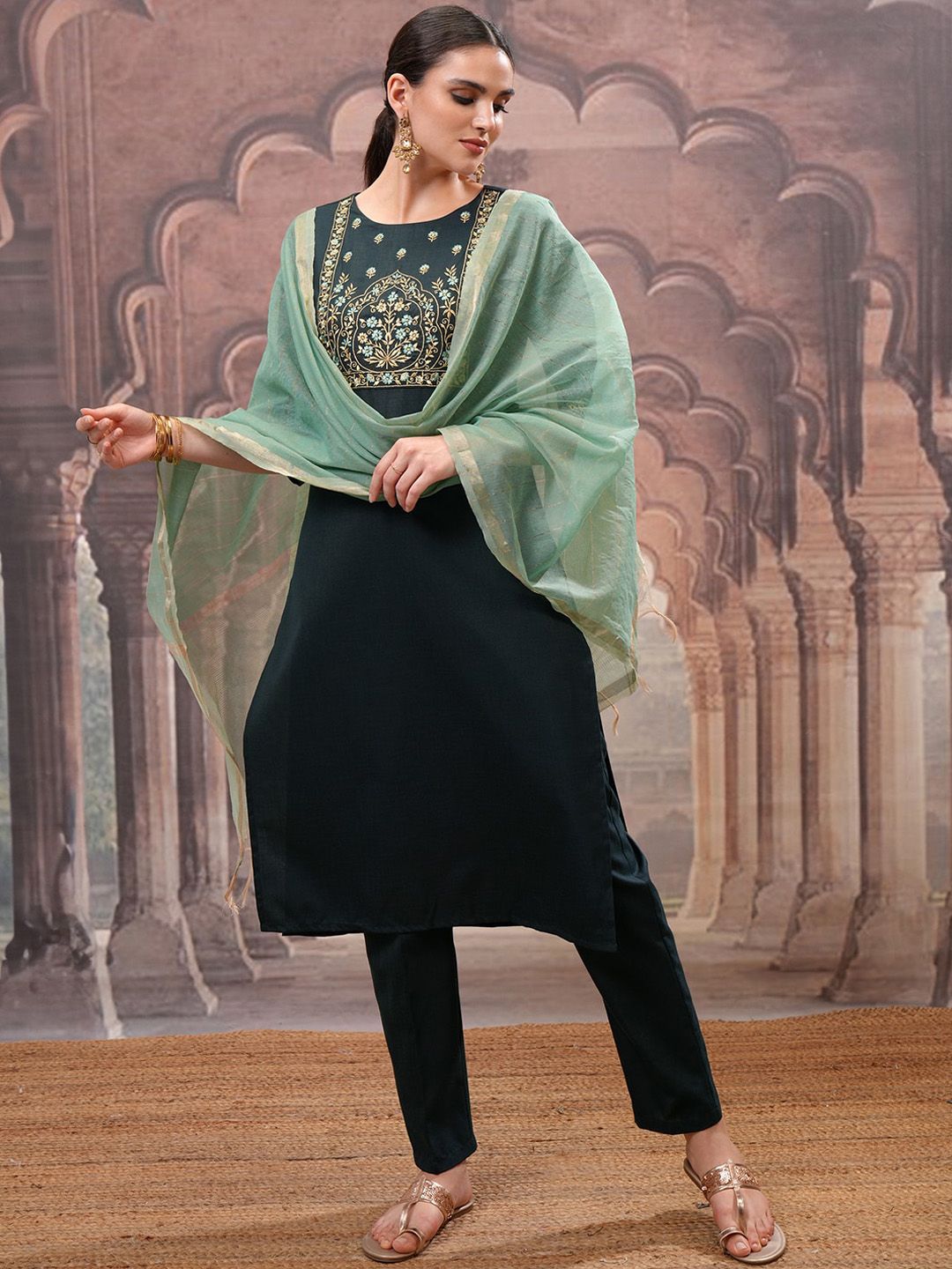 Vishudh Green Embroidered Straight Kurta with Trouser & Dupatta | Grab2Buy
