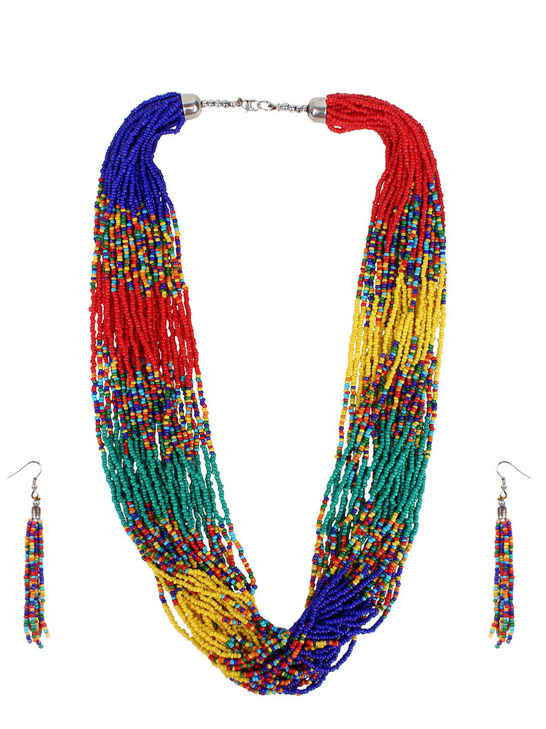 Cardinal Red & Green Beaded Multistring Necklace & Earrings Set - Grab2buy