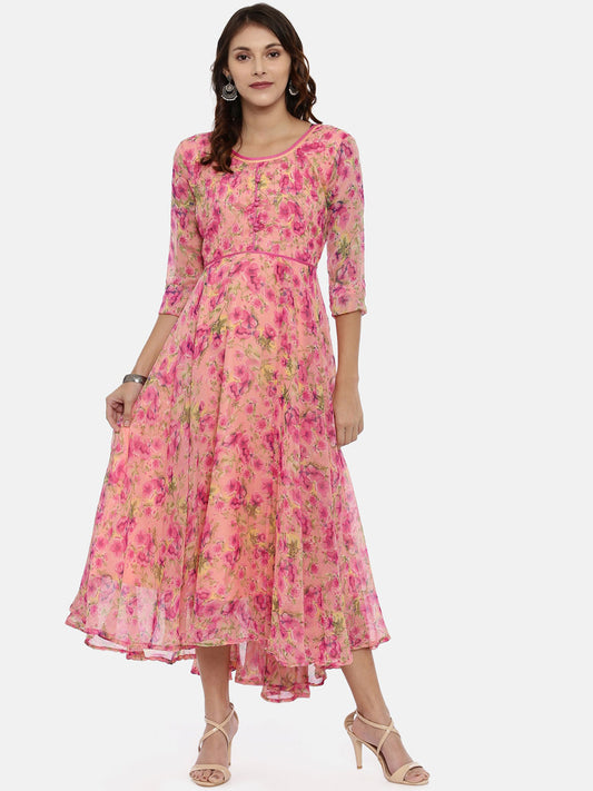 Souchii Women Pink & Yellow Floral Printed Fit & Flare Dress 