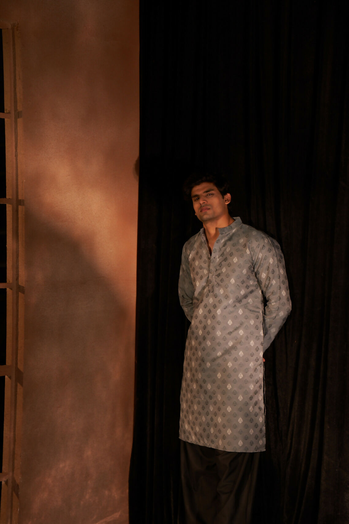 Greyish Blue Viscose Wevon Designer Men's Kurta Set - Mahotsav