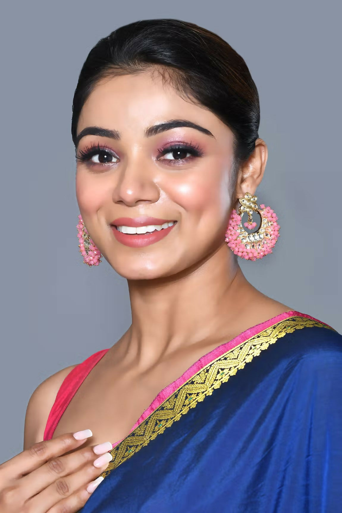 Joban Fashion Women Kundan Pearl Golden White Pink Earrings 