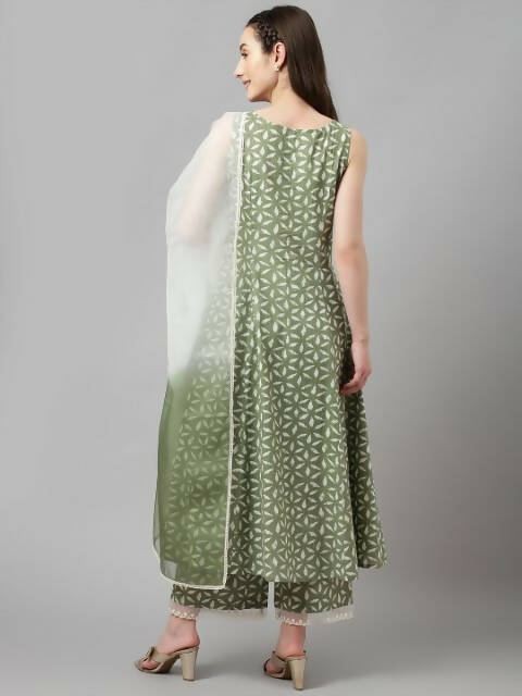 FIORRA Women's Green Lurex Cotton Flared Kurta Palazzo Set With Dupatta 