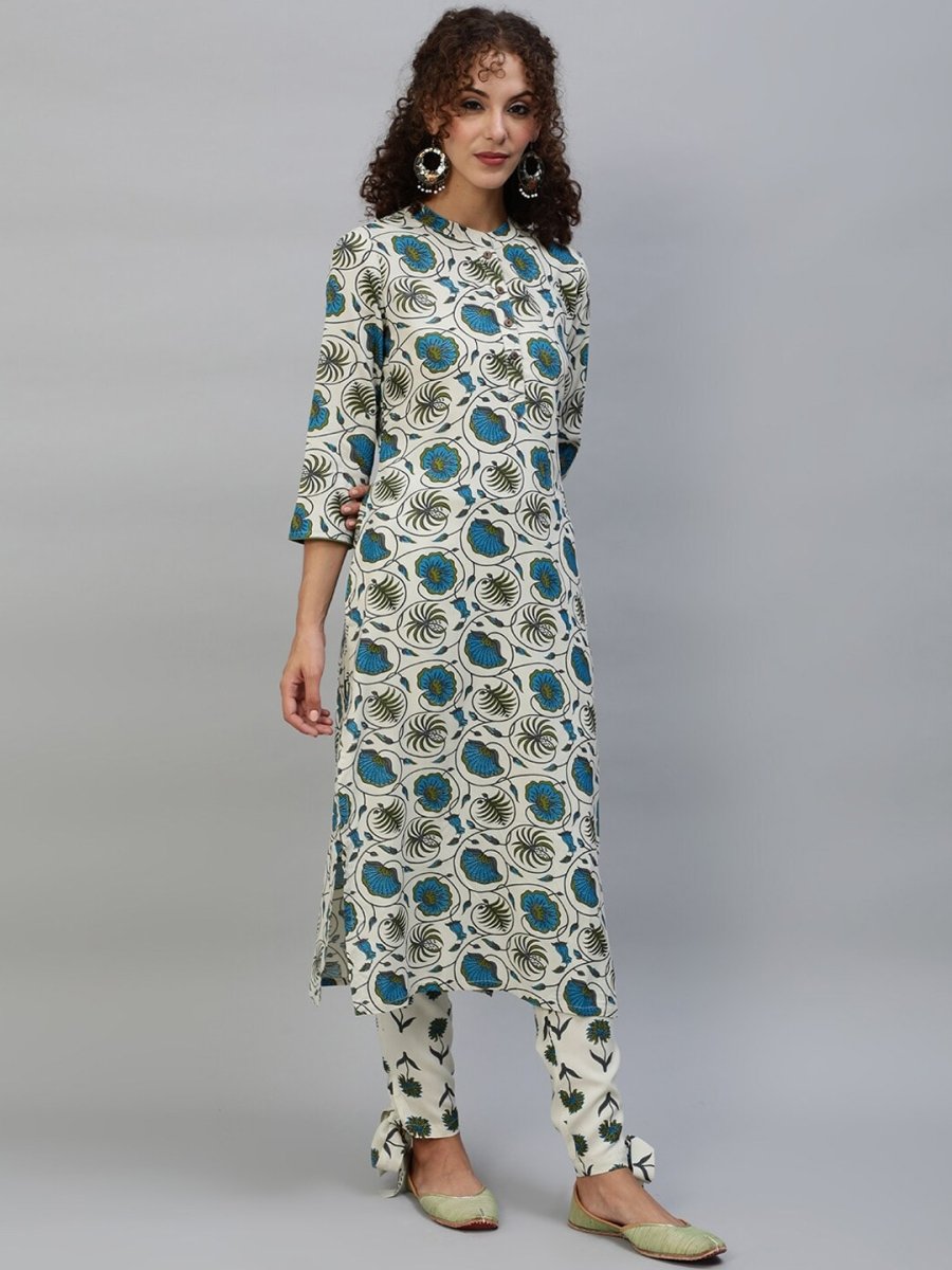 Aks Floral Printed Band Collar Regular Kurta with Trousers