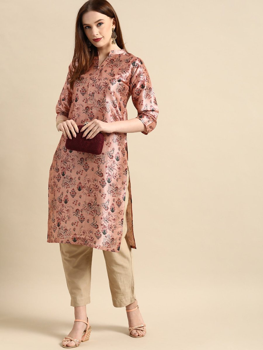 All About You Women Dusty Pink Floral Block Print Chanderi Silk Blend Straight Kurta