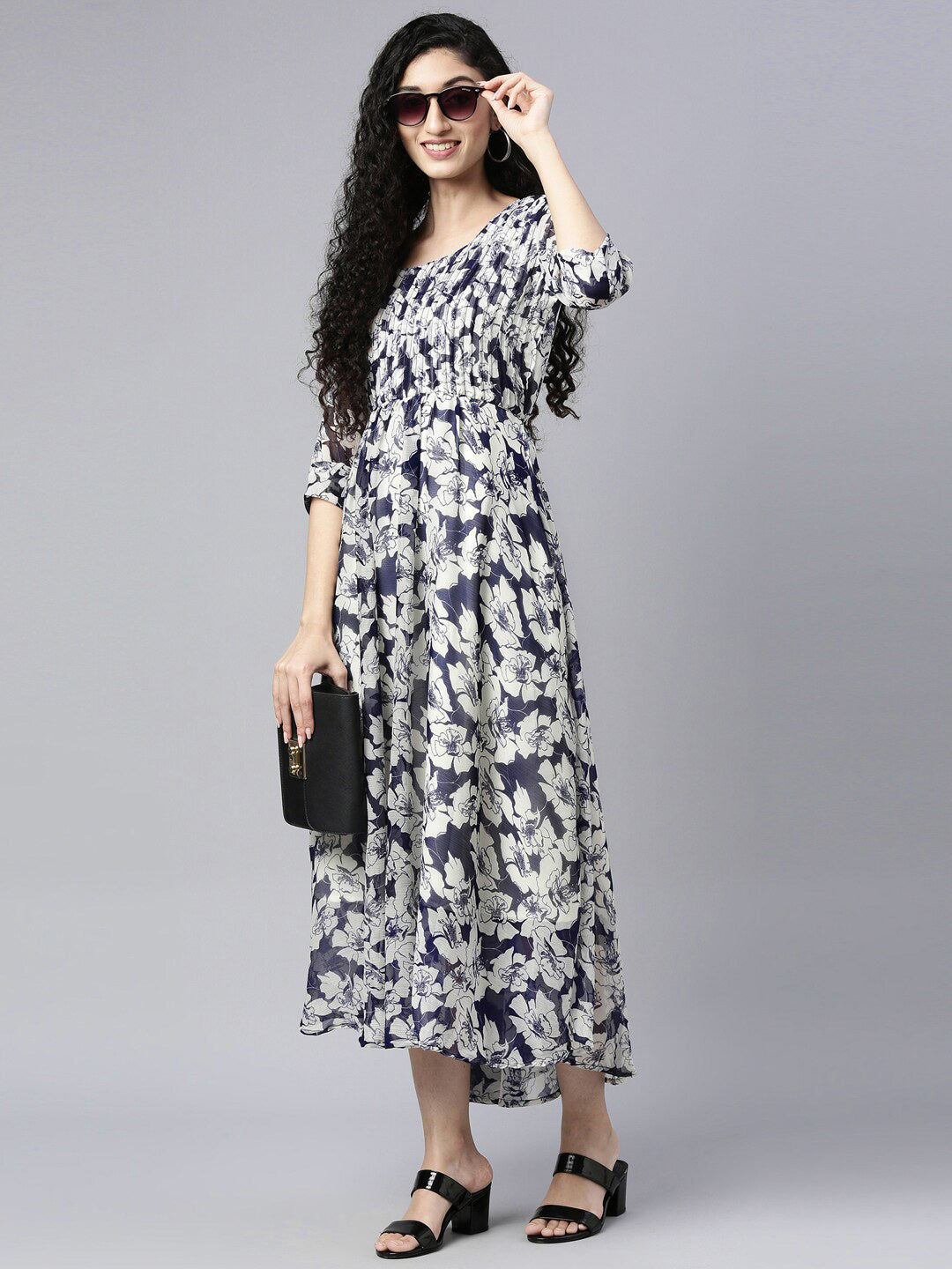 Souchii Floral Printed Chiffon Empire Midi Dress 
