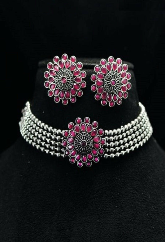 Mominos Fashion Johar Kamal Oxidised Silver-Plated Brass Finish Kundan Choker For Women (Pink) - Grab2buy