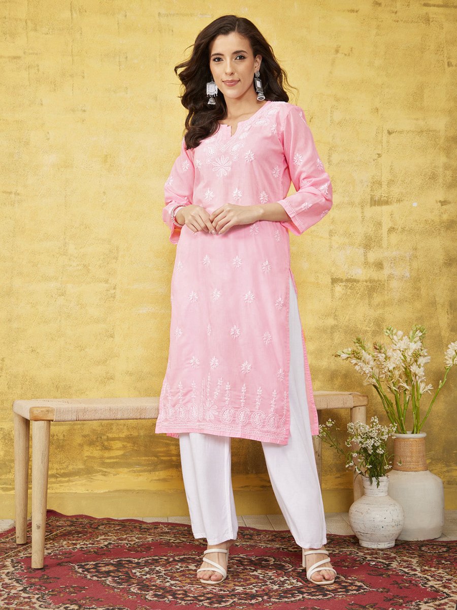 ADA Women Pink & White Chikankari Embroidered Straight Sustainable Handloom Kurta 