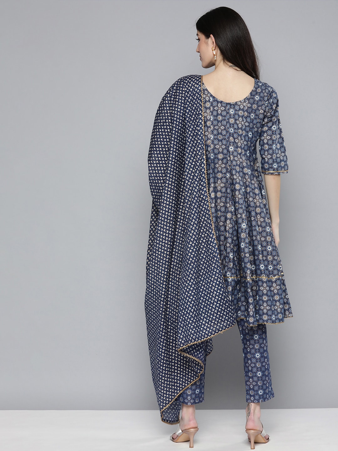 HERE&NOW Ethnic Embroidered & Printed Pure Cotton Anarkali Kurta with Trousers & Dupatta