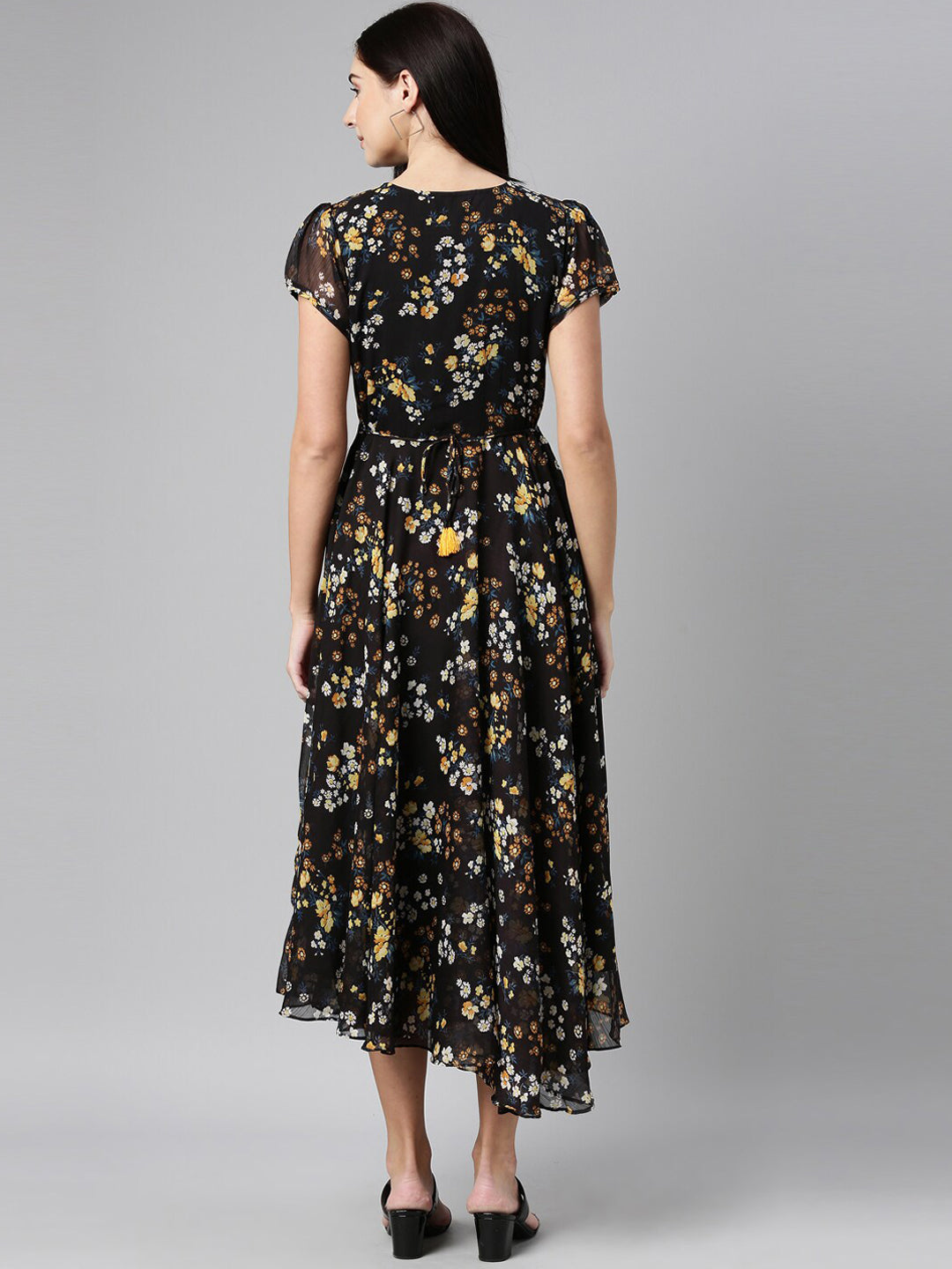 Souchii Women Black Floral Chiffon Maxi Dress 