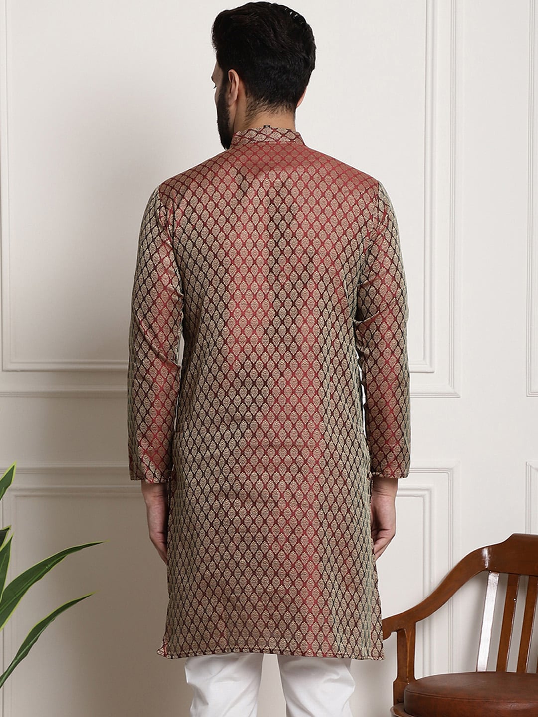 Sojanya Men Maroon & Golden Ethnic Motifs Jacquard Silk Kurta 