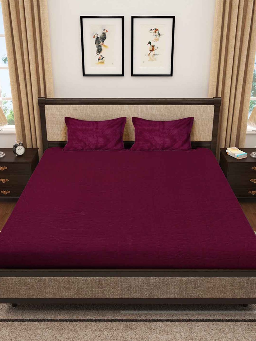 KLOTTHE Maroon 300 TC Woolen Fitted Double King Bedsheet With 2 Pillow Covers 