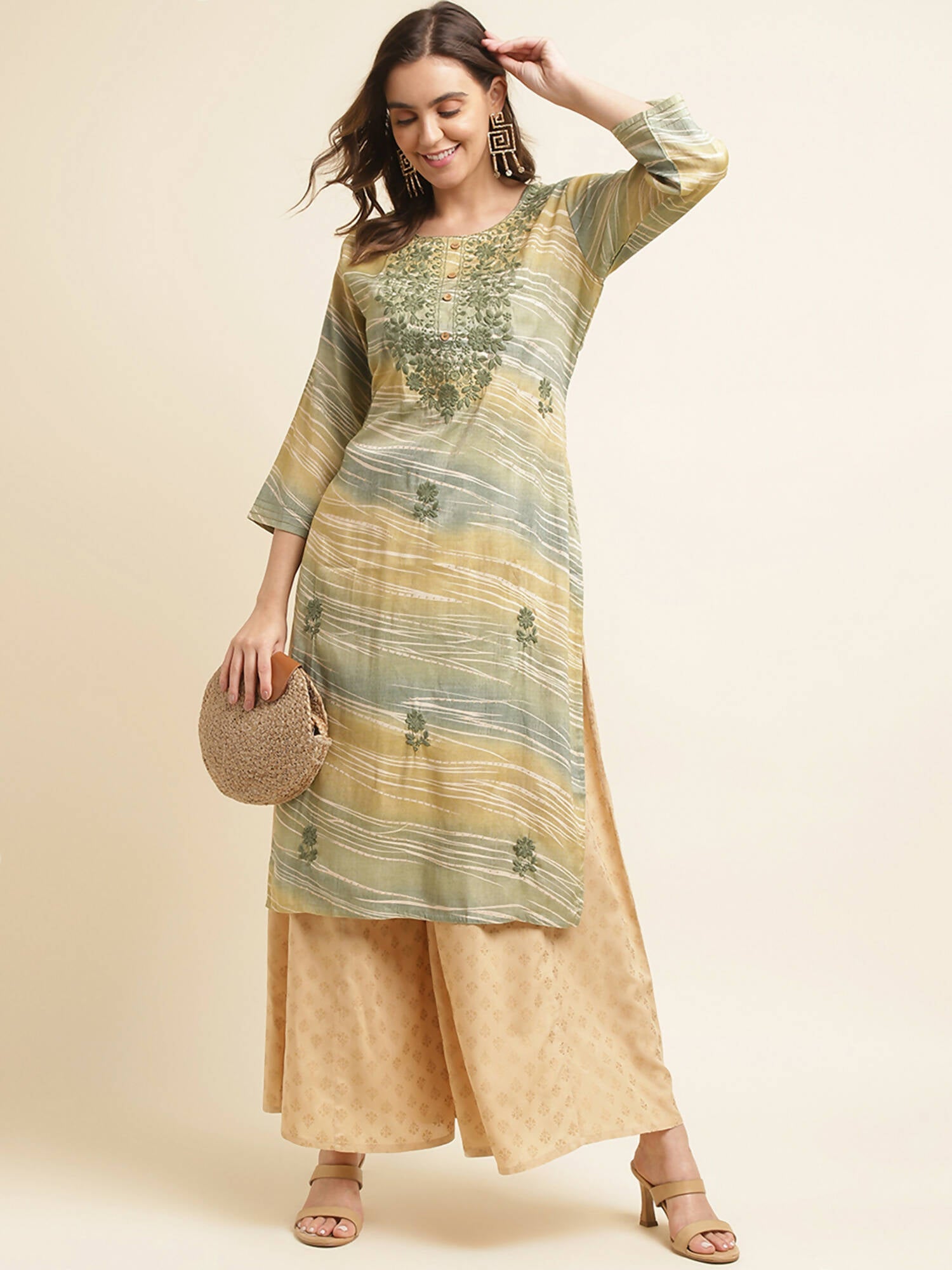 Green Poly Rayon Stripe Printed Straight Fit Kurta - Prasuti