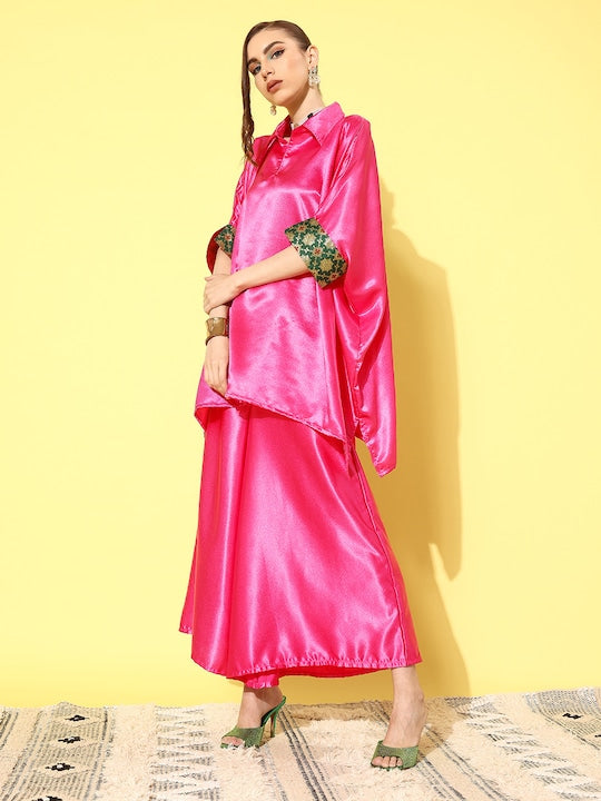 InWeave Women's Pink Green Brocade Satin Boho Kurta Palazzo Set 