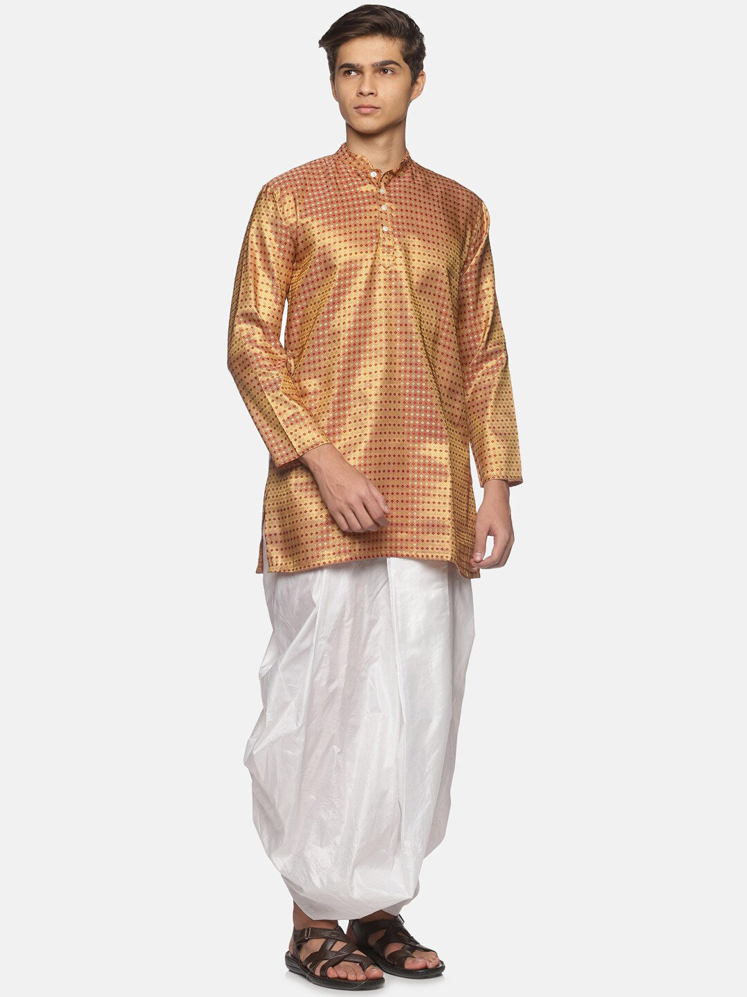 Sethukrishna Men Art Silk Golden & Red Kurta with Dhoti Pants