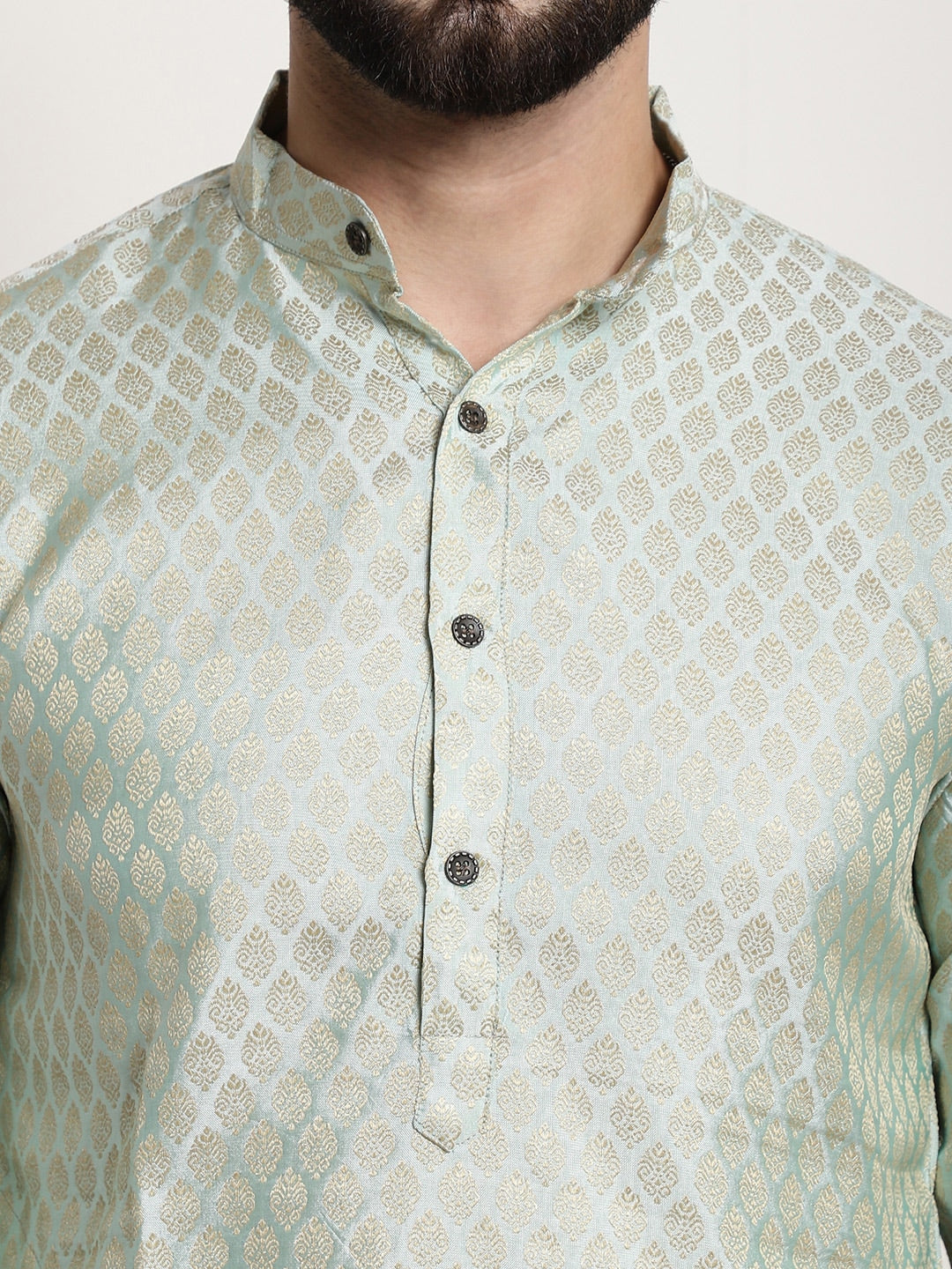 Sojanya Men Green & Beige Ethnic Motifs Jacquard Woven Design Straight Kurta 