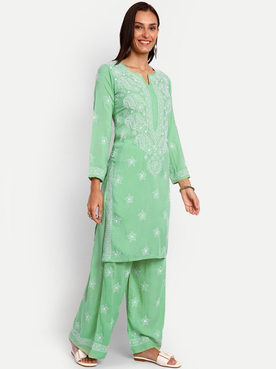 ADA Floral Embroidered Long Sleeves Regular Lucknowi Chikankari Kurta With Palazzos 