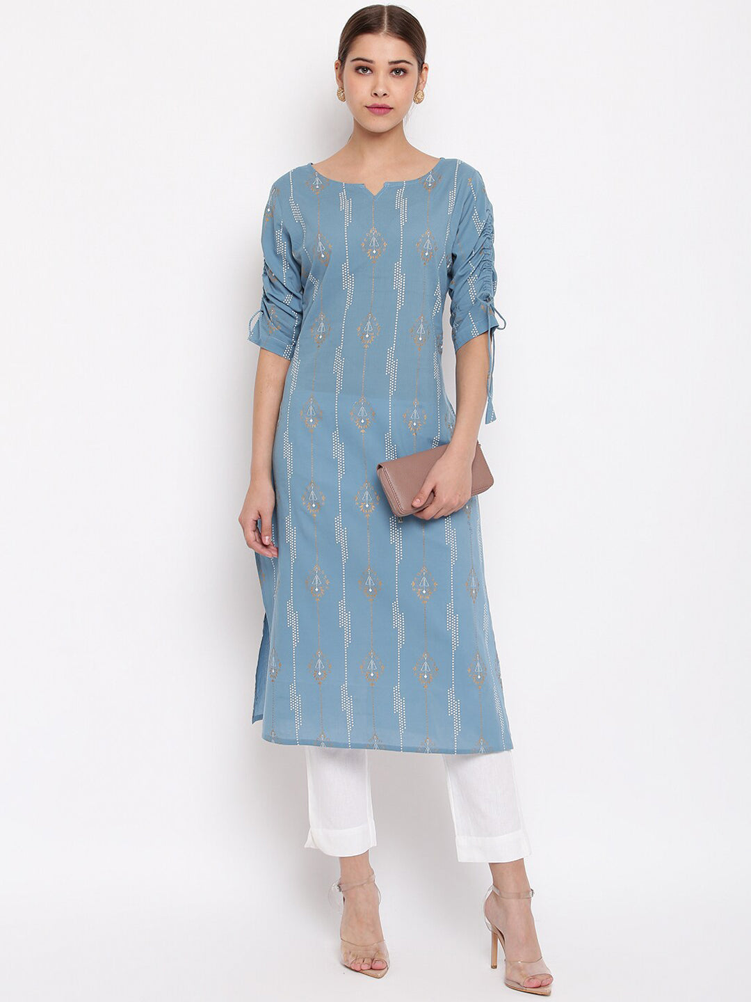 Janasya Women Blue Printed Straight Kurta