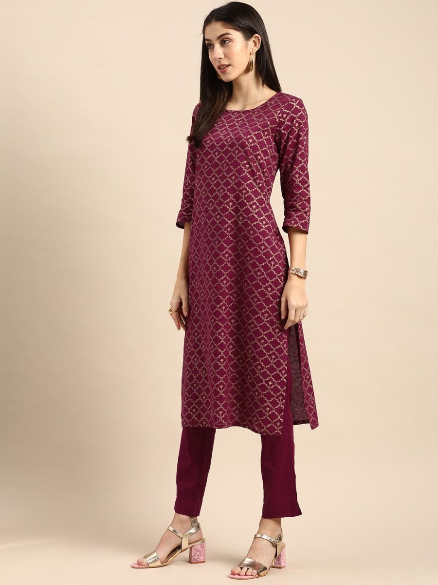 All About You Women Maroon Woven Design Pure Cotton Kurta with Trousers
